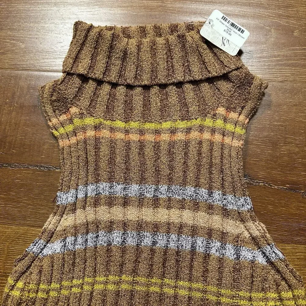 Free People Turtle Neck Sweater Vest Women XS Brown Knit Stripe Sleeveless Rib